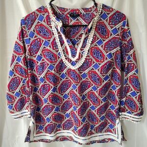 Talbots Petites Paisley Boho Pom Pom Trim Blouse Red Blue Festival Top MP